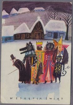 a card with cats and dogs on it in the snow