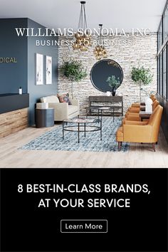 a living room filled with furniture and a brick wall in the background text reads 8 best - class brands, at your service learn more