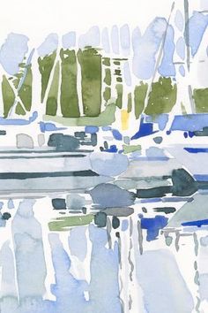 an abstract watercolor painting with blue, green and gray colors on white paper that is reflecting trees in the water