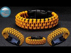 three yellow bracelets with black clasps on each side and one in the middle