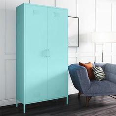 a blue locker next to a chair in a room