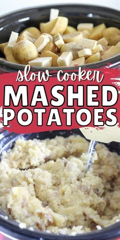 mashed potatoes in a slow cooker with text overlay