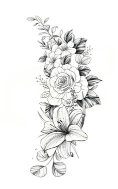 a black and white drawing of flowers with leaves on the bottom half of their arm