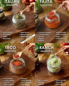 the steps to make taco seasoning are shown in four different images and labeled on each side