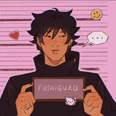 a man holding a sign that says fushigurro in front of his face