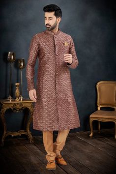 Wine Stunning Banarasi Jacquard Fabric Wedding Wear Readymade Indo Wes Kurta Pyjama, Patiala Salwar, Wedding Fabric