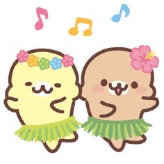 two cartoon characters with musical notes in the background and one wearing a hula skirt