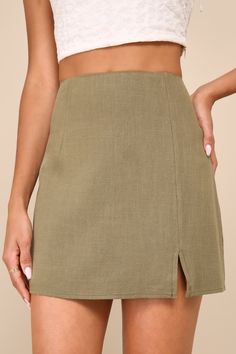 A perfect day calls for a flawless 'fit and the Lulus Effortless Outlook Olive Green Linen Mini Skirt is here to answer! Stay on-trend in this woven, linen-blend skirt that has a high-waisted fit with seaming for a tailored effect. The figure-skimming silhouette falls to a notched mini hem for a flirty finish. Hidden side zipper/clasp. Fit: This garment fits true to size. Length: Mid-thigh. Size medium measures 16" from waist to hem. Waist: Fitted - very fitted at natural waist. Hip: Loosely Fit Casual Summer Skort With Pencil Skirt Shape, Casual Summer Pencil Skirt Skort, Casual Pencil Skirt Skort For Summer, Solid Mini Length Pencil Skirt For Summer, Linen Lined Skirt For Vacation, Solid Mini Pencil Skirt For Summer, Casual Short Summer Pencil Skirt, Casual Short Pencil Skirt For Summer, Casual Short Length Pencil Skirt For Summer