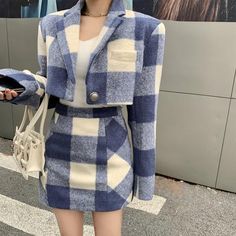 FREE SHIPPING ON ALL ORDERS OVER $50 | 100% SATISFACTION GUARANTEED Click "ADD TO CART" To Get Yours Now | Up To 60% OFF ✨ Arimonz Plaid Woolen Suit Two Piece Sets High Waist Mini Skirt Wool Blends Set is the new two-piece woolen suit sets. Made of comfortable Plaid Worsted Wool, these mini skirts are high waist and full elastic at back for a better fit. The jumpsuits have a loose fit but its special design gives it the look of a slim fit. The waistline is adorned with feminine frills. The jacke Streetwear Skirt, Hong Kong Style, Cover Beachwear, Woolen Coat, Winter Blues, Plaid Jacket, Body Con Skirt, Hot Dress, Retro Chic