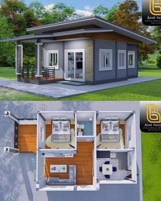 two pictures of the same house in different stages of construction, and one shows what it looks like