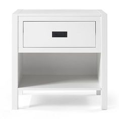 a white nightstand with two drawers and one drawer on the bottom, in front of a white background