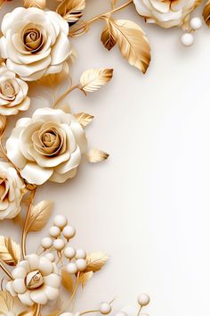 a white and gold floral background with pearls, leaves and flowers on the bottom right corner