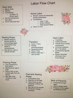 the labor flow chart is shown with pink flowers and other things to do on it