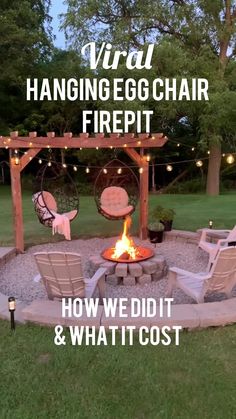 a fire pit with chairs around it and the words virtual hanging egg chair firepit