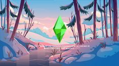 an image of a green diamond in the middle of a snow covered forest with trees