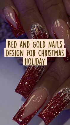 Dark Red And Rose Gold Nails, Red White Gold Christmas Nails, Winter Red Nails Design, Red Nail For Christmas, Red Gold Nails Christmas, Red Christmas Nails Winter French Tips, Red And Gold Flake Nails, Christmas Nails Elegant Red, Red Silver Christmas Nails