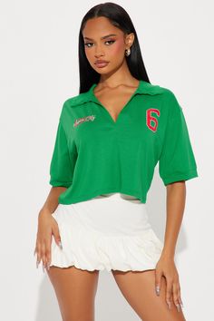 Available In Green. Collar Neckline Short Sleeve Front And Back Screen Stretch Disclaimer: Due To The Printing Process A Difference In Saturation May Occur. Each Garment Is Unique. 95% Cotton 5% Spandex Imported | Made In Mexico Polo Tee Shirt in Green size XL by Fashion Nova Sporty V-neck Top For College, Graphic Print Collared Top For College, Sporty Collared Tops With Graphic Print, Collared Tops For Summer College Season, Collared Tops For College In Summer, Casual Polo Collar Top With Graphic Print, Relaxed Fit Graphic Print Polo Top, Relaxed Fit Polo Collar Top With Graphic Print, Collared Cotton Tops For College