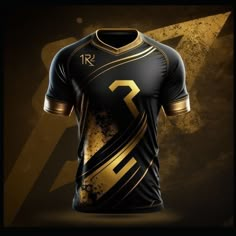 a black and gold soccer jersey on a dark background