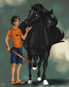 a boy standing next to a black horse with a bat in his hand and another man holding the reins