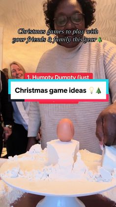 a woman is cutting into a cake with an egg on it and the words christmas games to play with your friends & family this year