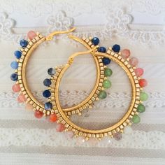 Gemstone Large Hoop Earrings Moonstone Amethyst Lapis Agate Earrings by WorkofHeart on Etsy Big Beaded Earrings, Gold Hoop Earrings With Gemstone Accents, Nickel Free Multicolor Hoop Jewelry, Adjustable Gemstone Hoop Jewelry, Small Hoop Earrings With Natural Stones, Handmade Crystal Hoop Earrings For Gift, Hoop Earrings With Round Natural Stones For Gift, Gold Hoop Jewelry With Gemstone Accents, Gemstone Hoop Jewelry Gift