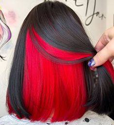 Black Hair With Bright Red Underneath, Black And Red Peak A Boo Hair, Black Hair With Color Underneath, Underhair Color Dyed Hair, Red Under Black Hair, Black Hair With Red Underneath, Purple And Magenta Hair, Under Color Hair, Red Peekaboo Hair