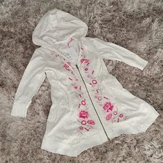 Caite Embroidered Handmaid Jacket With Hoodie Leopard Print Embroidered Fall Hoodie Outerwear, White Embroidered Hooded Outerwear, Embroidered Hooded Outerwear For Spring, Fitted White Hoodie For Spring, Embroidered Hooded Hoodie For Spring, Spring Embroidered Hooded Hoodie, White Embroidered Hoodie For Spring, White Spring Hoodie Outerwear, Pink Embroidered Hoodie For Fall