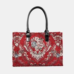 Floral Red Laptop Work Tote  MCW Handmade Red Double Handle Shoulder Bag With Rolled Handles, Elegant Rectangular Satchel With Rolled Handles, Elegant Handheld Bags With Rolled Handles, Elegant Red Shoulder Bag With Rolled Handles, Elegant Handheld Shoulder Bag With Rolled Handles, Red Rectangular Shoulder Bag With Rolled Handles, Red Shoulder Bag With Rolled Handles For Daily Use, Red Shoulder Bag With Rolled Handles, Red Travel Bags With Rolled Handles