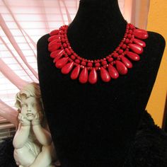 Red Africa Necklace Red Costume Jewelry Necklaces For Party, Red Bib Necklace As Gift, Elegant Red Bib Necklace For Party, Elegant Red Beaded Bib Necklace, Handmade Red Bib Necklace For Party, Vintage Red Beaded Necklaces For Party, Elegant Red Bib Necklace, Gold Bib Necklace, Purple Stone Necklace