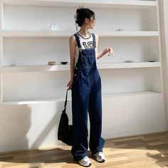 Lasaky - High-Waisted Loose Fit Wide Leg Denim Overalls Dark Denim Overalls Outfit, Dark Blue Overalls Outfit, Jeans With Suspenders For Women, Dark Blue Overalls, Jean Jumpsuit Outfit, Y2k Jumpsuit, Denim Romper Outfit, Thrifted Aesthetic, Overalls Jeans