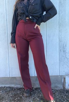 Such a beautiful color in these! Vintage 70's JC Penny Polyester Pants. Burgundy is a favorite of mine. Perfect for fall as well! No flaws found. . Measurements: Waist - 13 1/2" Rise -12" Hips - 19* Inseam - 32 1/2" Retro Wide Leg Bottoms For Fall, Full-length Bottoms With Belt Loops For Fall, High Waist Burgundy Wide Leg Pants For Fall, Fall Full-length Bottoms With Belt Loops, Burgundy High Waist Wide Leg Pants For Fall, Full Length Dress Pants With Belt Loops For Fall, Burgundy Straight Leg Bottoms With Pockets, Retro Wide Leg Pants For Fall, Fall Dress Pants With Belt Loops