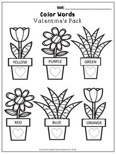 color words valentine's pack with flowers and hearts in pots for kids to color