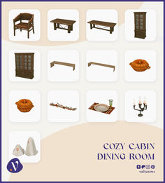 an advertisement for cozy cabin dining room with pictures of furniture and accessories on the front cover