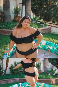 Off-shoulder Black Swimwear For Beach, Black Off-shoulder Swimwear For Beach, Off-shoulder Black Swimwear For Beach Season, Black Off-shoulder Swimwear For Beach Season, Off-shoulder Ruffled Swimwear For Poolside, Cut Out One Piece, Plain Black, Bra Cups, Women Swimsuits