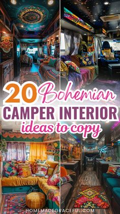 boho camper van interior ideas Boho Rv Interior Diy, Updated Rv Interior, Rv Boho Decorating Ideas, Camper Makeover Interior, Campervan Decoration Ideas, Pickup Camper Ideas, Van Life Interior Ideas, Campervan Curtains Ideas, Boho Rv Decor