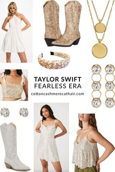 the taylor swift fearless era collection is shown in gold and white, including boots, necklaces