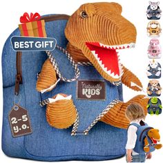 a stuffed dinosaur is in the back of a backpack with its mouth open and teeth out