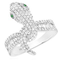 1.02CTW Natural Diamond 10K White Gold Pave Emerald Green Eyes Snake Ring This captivating design showcases a slithering snake, its body intricately detailed and embedded with dazzling natural diamonds. The most entrancing feature? Its piercing emerald green eyes, which seem to hold secrets of the ancient world. Set against the cool sheen of 10K white gold, the pave-set diamonds shimmer with every movement. This ring not only pays homage to one of nature's most beguiling creatures but also offer White Emerald Ring In Platinum, White Cubic Zirconia Emerald Ring Fine Jewelry, Gia Certified White Fine Jewelry, Gia Certified White Ring Jewelry, Gia Certified White Ring, Emerald Green Eyes, Slithering Snake, Heart Accessories, Statement Rings Diamond