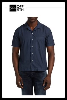 This Lightweight Short-Sleeve Shirt Features A Camp Collar And A Patch Pocket On The Chest. Camp Collar Short Sleeves Front Button Closure Chest Pocket Cotton Machine Wash Imported Size & Fit About 27" From Shoulder To Hem. Men's - M Denim > Saks Off 5th. Frame. Color: Navy. Size: L. Navy Casual Short Sleeve Shirt With Pockets, Navy Relaxed Fit Camp Shirt, Navy Relaxed Fit Collared Short Sleeve Shirt, Navy Collared Short Sleeve Shirt With Relaxed Fit, Navy Relaxed Fit Casual Camp Shirt, Navy Collared Short Sleeve Cotton Shirt, Navy Collared Cotton Short Sleeve Shirt, Navy Cotton Collared Short Sleeve Shirt, Navy Casual Shirt With Camp Collar