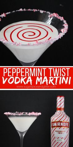 the peppermint twist vodka martini is garnished with sprinkles