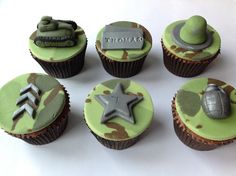 cupcakes decorated with camouflage and army decorations