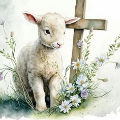 a painting of a lamb sitting in front of a cross with daisies around it