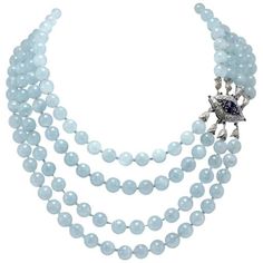 SHIPPING POLICY: No additional costs will be added to this order. Shipping costs will be totally covered by the seller (customs duties included). PS: THIS POLICY IS NOT APPLICABLE TO ITEMS WITH FIX PRICE, ITEMS AT AUCTIONS AND ONGOING PROMOTIONS. Classic and charming aquamarine beads necklace , embellished with a clasp of 18 Kt white gold composed of diamonds and blue sapphires cabochon cut. Tot weight 270.5 g Aquamarines 249.70 g Diamonds 2 ct Blue Sapphires 2.96 ct Rf. guacu For any inquiries, Diamond Charm Necklace, Woman Jewelry, Design Moda, White Gold Necklace, Aquamarine Beads, Gold Bead Necklace, Gold Diamond Necklace, White Gold Necklaces, White Gold Jewelry