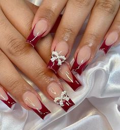 Red Nail Inspo Christmas, White And Dark Red Nails, Red French Tip Acrylic Nails With Rhinestones, Hoco Nails To Match A Red Dress, Elegant Red Nails Design Classy, Red Nails Acrylic Homecoming, Sweet 16 Nails Acrylic Red, Hoco Nail Ideas Red, Red Nail Set Prom