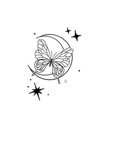 a black and white drawing of a butterfly flying over the moon with stars around it