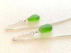 "Petite genuine sea glass dangles in bright green on 4\" sterling silver box chain threaders.  Genuine tumbled beach glass pebbles from the beaches of Northern California are wire wrapped in sterling silver on 4\" sterling silver box chain threaders. Total length is 4 1/2\". Lightweight and summery. Perfect pop of bright green!" Green Adjustable Chain Jewelry For Beach, Green Jewelry With Adjustable Chain For Beach, Paris Charm Bracelet, Jewelry Chest, Aquamarine Earrings, Green Sea, Sleeping Beauty Turquoise, Silver Box, Gifts For An Artist