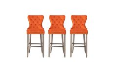 three orange chairs sitting side by side in front of a white background and one has a buttoned up back