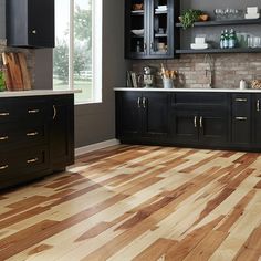 a kitchen with black cabinets and wood floors is shown in this image, there are potted plants on the counter