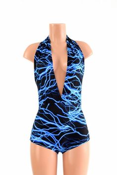 UV Glow Blue Lightning "Josie" Romper Backless Plunging Festival Rave Onsie Playsuit 154263 Blue Printed Swimwear For Party, Blue Stretch Printed Bodysuit, Goddess Outfit, Blue Lightning, Womens Jumpsuits, Glossy Lips, Olive Branch, Playsuit, Halter Top