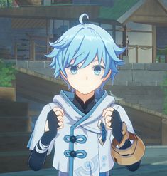 an anime character with blue hair wearing a white coat and holding a brown bag in his hand